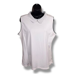 Large Lady Hagen Golf Top White Blue Sleeveless Athletic Activewear Collar